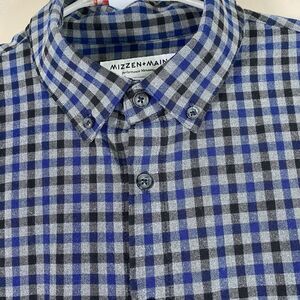 Mizzen Main Shirt Mens XL Trim Gray Blue Check Button Flannel No Tuck Quick Dry